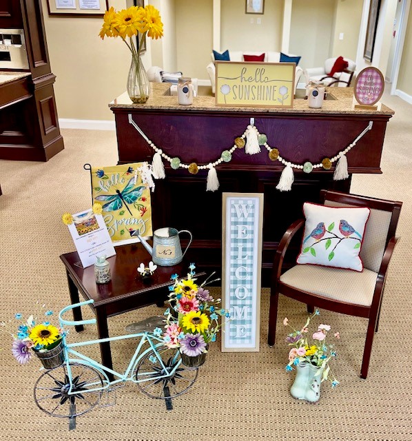 Spring themed decor including a Spring Garden Flag which is our free gift for opening a new checking account.